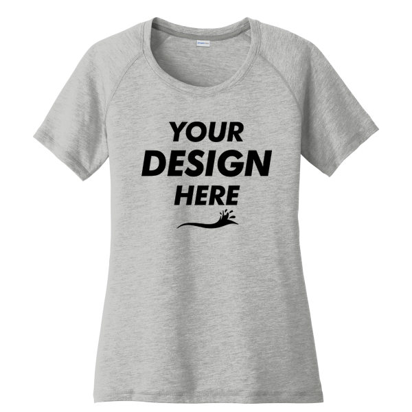 Sport Tek Women's PosiCharge ® Tri Blend Wicking Scoop Neck Raglan Tee, Light Grey Heather, Front view, Mockup