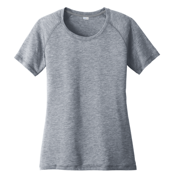 Sport Tek Women's PosiCharge ® Tri Blend Wicking Scoop Neck Raglan Tee, True Navy Heather, Front view