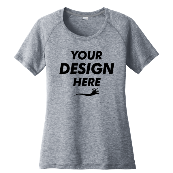 Sport Tek Women's PosiCharge ® Tri Blend Wicking Scoop Neck Raglan Tee, True Navy Heather, Front view, Mockup