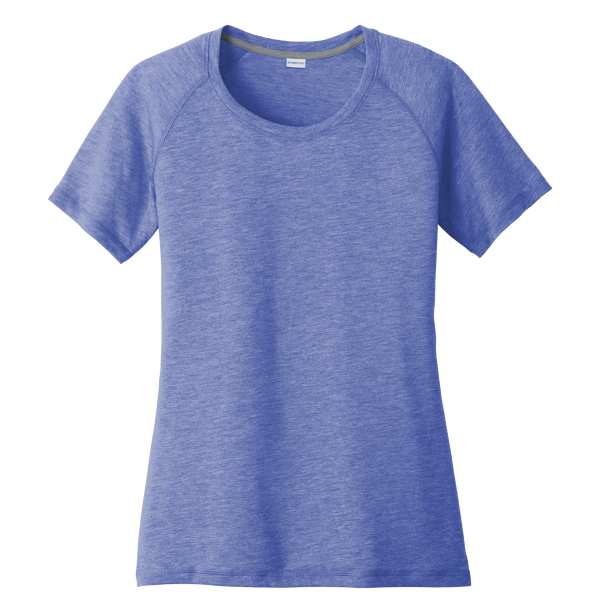 Sport Tek Women's PosiCharge ® Tri Blend Wicking Scoop Neck Raglan Tee, True Royal Heather, Front view