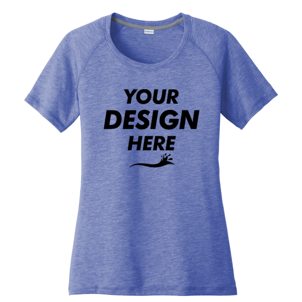Sport Tek Women's PosiCharge ® Tri Blend Wicking Scoop Neck Raglan Tee, True Royal Heather, Front view, Mockup
