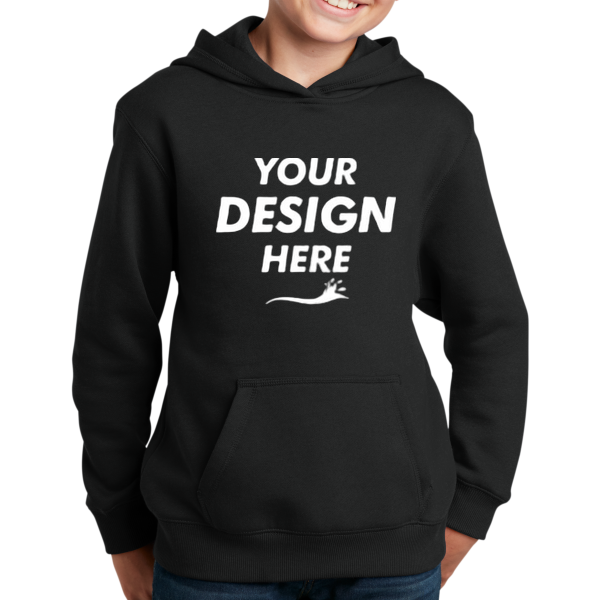 Sport Tek Youth Pullover Hooded Sweatshirt, Black, Front view, Mockup