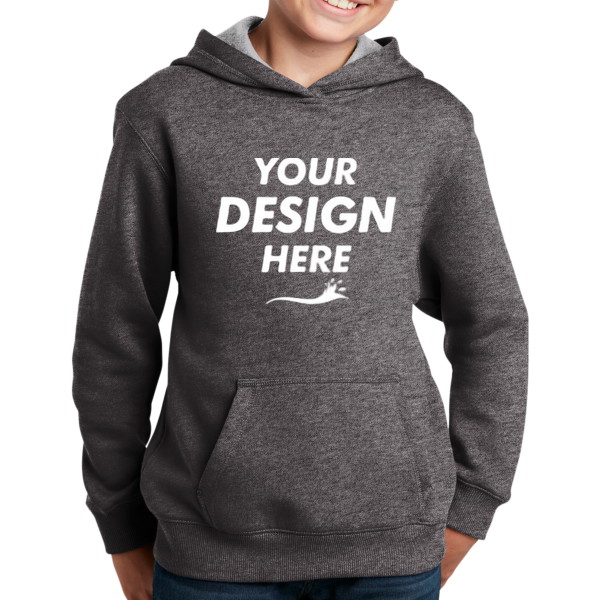 Sport Tek Youth Pullover Hooded Sweatshirt, Graphite Heather, Front view, Mockup