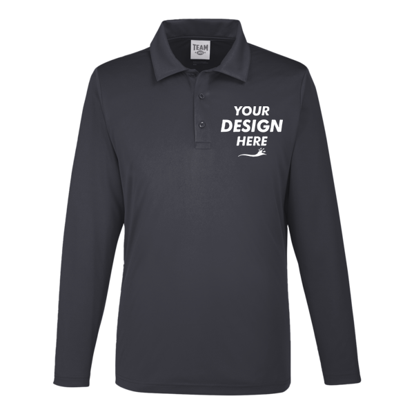 Team 365 Men's Zone Performance Long Sleeve Polo, Black, Front view, Mockup