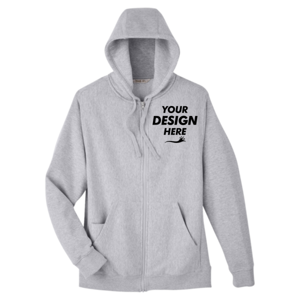 Team 365 Unisex Zone HydroSport™ Heavyweight Full-Zip Hooded Sweatshirt, Athletic Heather, Front view, Mockup