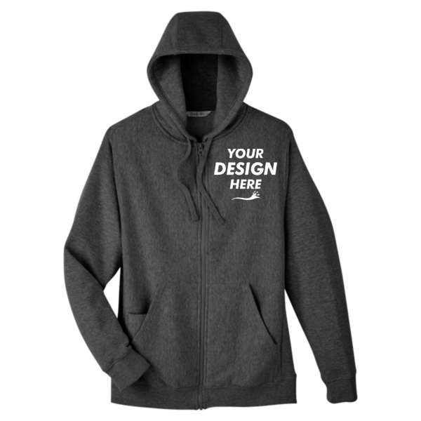 Team 365 Unisex Zone HydroSport™ Heavyweight Full-Zip Hooded Sweatshirt, Dark Grey Heather, Front view, Mockup