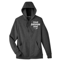 Team 365 Unisex Zone HydroSport™ Heavyweight Full-Zip Hooded Sweatshirt, Dark Grey Heather, Front view, Mockup