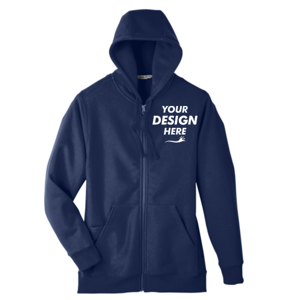 Team 365 Unisex Zone HydroSport™ Heavyweight Full-Zip Hooded Sweatshirt, Sport Dark Navy, Front view, Mockup