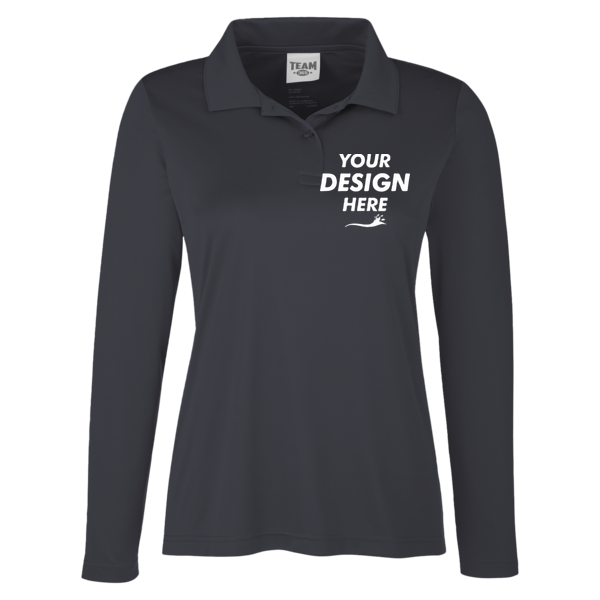 Team 365 Women's Zone Performance Long Sleeve Polo, Black, Front view, Mockup