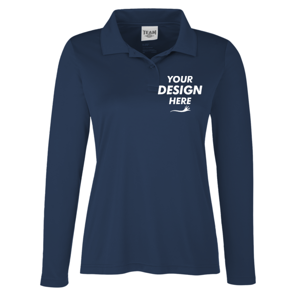 Team 365 Women's Zone Performance Long Sleeve Polo, Sport Dark Navy, Front view, Mockup