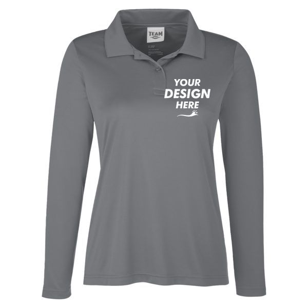 Team 365 Women's Zone Performance Long Sleeve Polo, Sport Graphite, Front view, Mockup