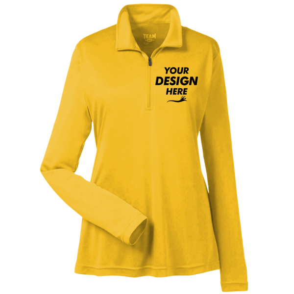 Team 365 Women's Zone Performance Quarter-Zip Pullover, Sport Athletic Gold, Front view, Mockup