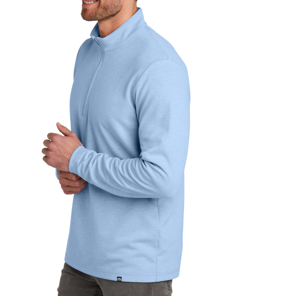 Travis Mathew Coveside 1/4 Zip, Light Blue Heather, Left Sleeve view