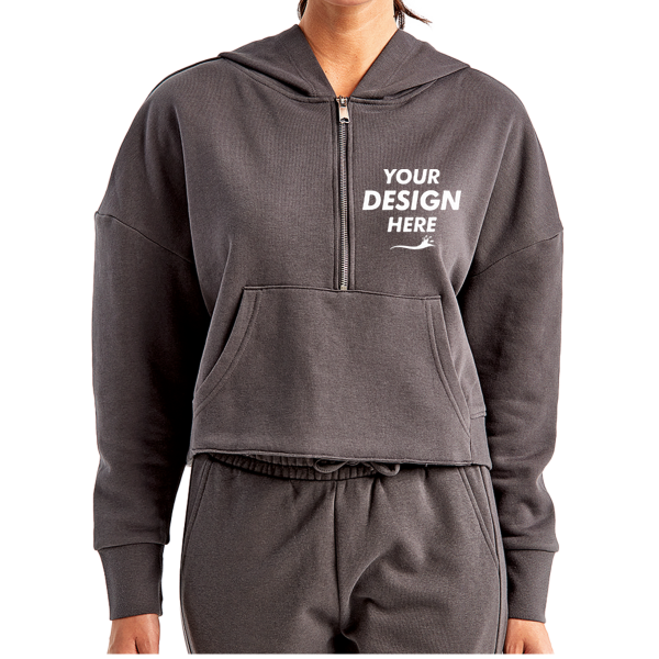 TriDri Women's Alice Half-Zip Hooded Sweatshirt, Charcoal, Front view, Mockup