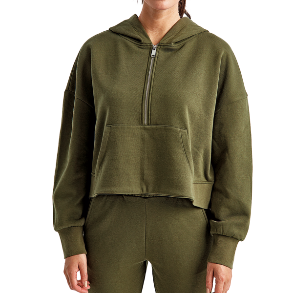 TriDri Women's Alice Half-Zip Hooded Sweatshirt, Olive, Front view