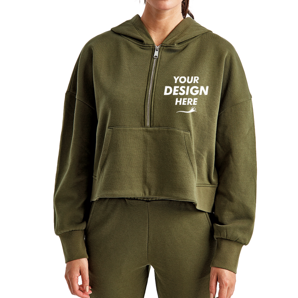 TriDri Women's Alice Half-Zip Hooded Sweatshirt, Olive, Front view, Mockup