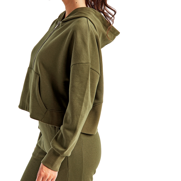 TriDri Women's Alice Half-Zip Hooded Sweatshirt, Olive, Left Sleeve view
