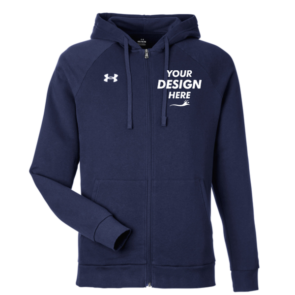 Under Armour Men's Rival Fleece Full-Zip, Midnight Navy / White, Front view, Mockup