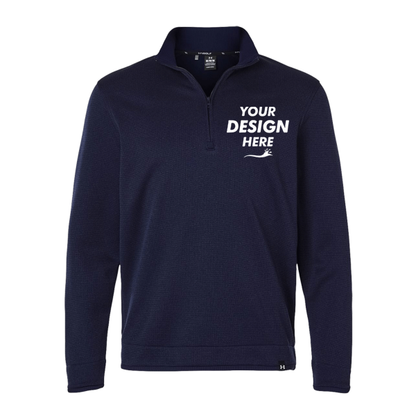 Under Armour Men's Storm Sweater Fleece Quarter-Zip Pullover, Midnight Navy / White, Front view, Mockup
