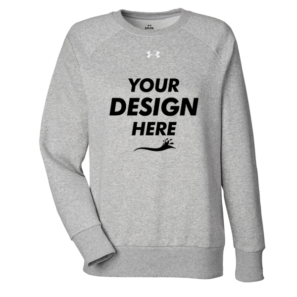 Under Armour Women's Rival Fleece Crewneck Sweatshirt, Mod Grey Light Heather / White, Front view, Mockup