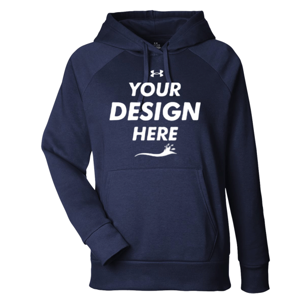 Under Armour Women's Rival Fleece Hooded Sweatshirt, Midnight Navy / White, Front view, Mockup