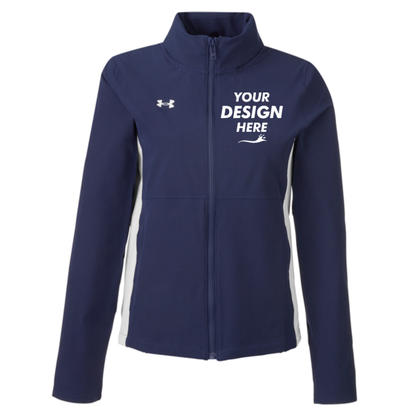 Under Armour Women's Rival Stretch Jacket, Midnight Navy / White / White, Front view, Mockup