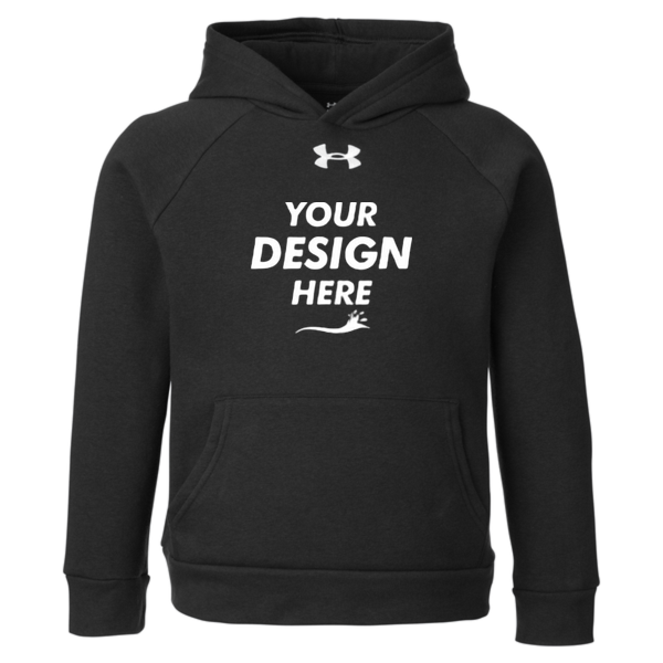 Under Armour Youth Rival Fleece Hooded Sweatshirt, Black / White, Front view, Mockup