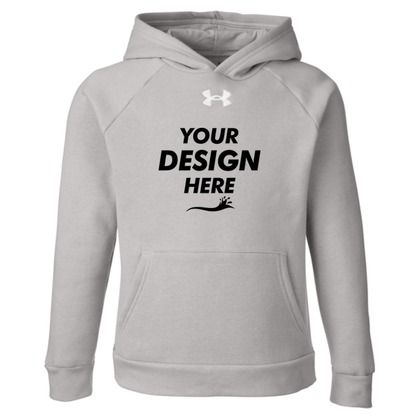 Under Armour Youth Rival Fleece Hooded Sweatshirt, Mod Grey Light Heather / White, Front view, Mockup