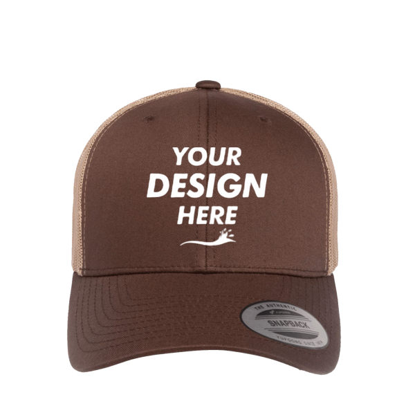 YP Classics Retro Trucker Cap, Brown / Khaki / Khaki, Front view, Mockup
